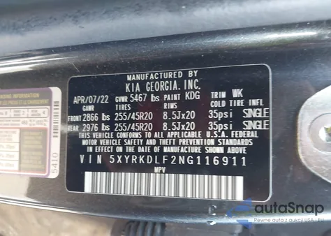 2022 Kia Sorento X-Line Sx Prestige z USA, uszkodzony, nr VIN 5XYRKDLF2NG116911